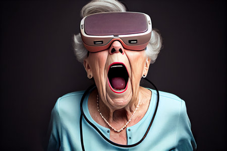 Image of shocked senior lady shouting while exploring virtual reality.の素材