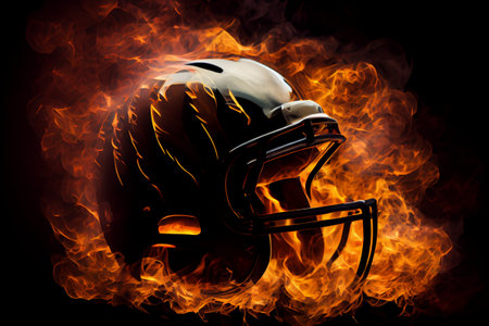 Football helmet on fire on black background.の素材
