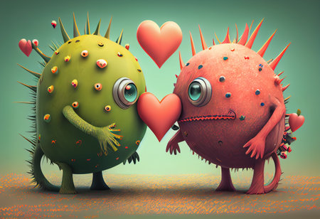 Cute love monster illustrations with hearts.の素材