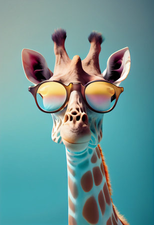 creative animal composition. Giraffe wearing shades sunglass eyeglass isolated. pastel gradient background. With text copy space .の素材