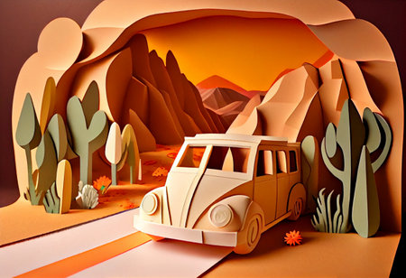 Paper art , Car on a road , one day trip in the summer , Escape from the city with goes on holiday weekendの素材