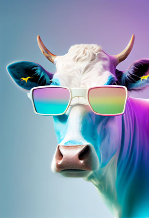 creative animal composition. Cow wearing shades sunglass eyeglass isolated. pastel gradient background. With text copy spaceの素材