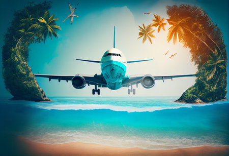 Airplane flying above tropical sea beach , Theme of travel in summer trip , Vacation weekend and tourismの素材