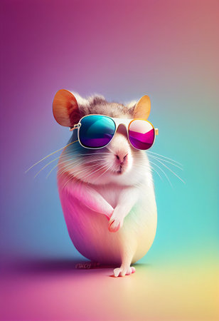 creative animal composition. Mouse wearing shades sunglass eyeglass isolated. pastel gradient background. With text copy spaceの素材