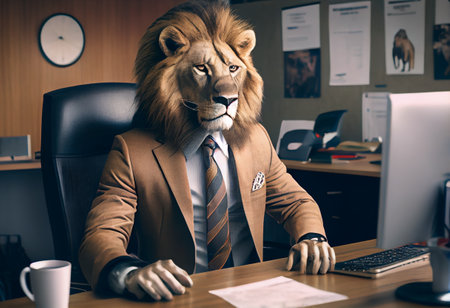 Lion wearing suit in office , Businessman lion sitting at officeの素材