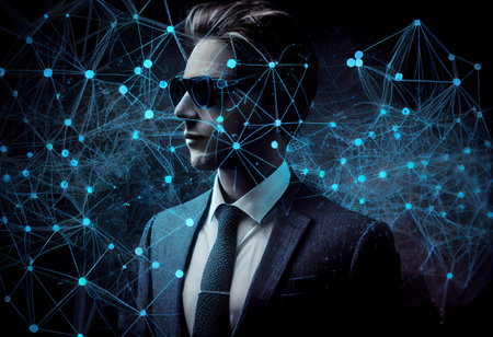 Computer generated environment network connecting , Businessman virtual reality on social media with blockchain.の素材