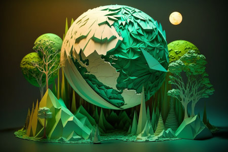 paper art , Green planet Earth of sphere futuristic , Crystal Earth planet green forest city.の素材