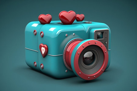 3d icon camera isolated with share and love 3d icon style.の素材