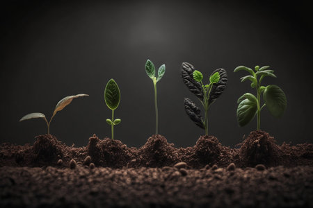 Seedlings growing from the ground , Germinating seeds of various , Growing plants and agriculture conceptの素材