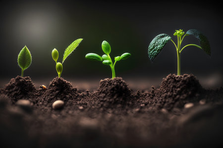 Seedlings growing from the ground , Germinating seeds of various , Growing plants and agriculture conceptの素材