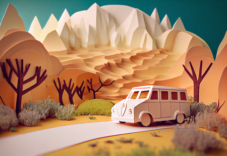 Paper art , Car on a road , one day trip in the summer , Escape from the city with goes on holiday weekendの素材