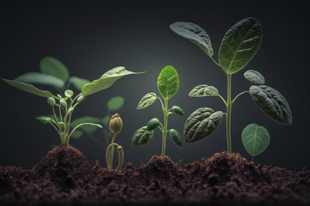 Seedlings growing from the ground , Germinating seeds of various , Growing plants and agriculture conceptの素材