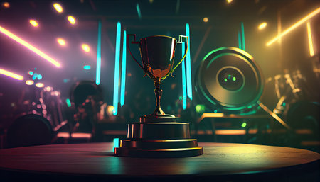 Winner trophy on a stage at studio illuminated by neon lights with blurred background.の素材