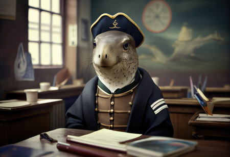 Portrait of an anthropomorphic battleship dressed as a schoolboy in a classroom.の素材