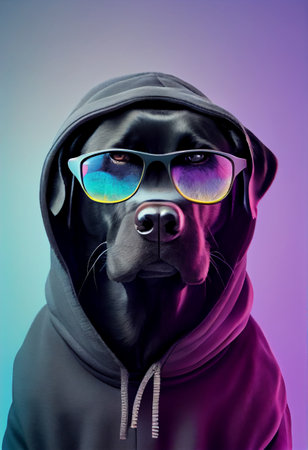 creative animal composition. Black labrador in torn hoodie, wearing shades sunglass eyeglass isolated. pastel gradient background. With text copy spaceの素材
