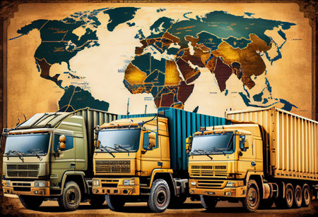Trucks with cargo on the background of the world mapの素材