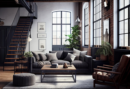 Living room loft in industrial style ,3d renderの素材