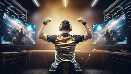 Professional eSports gamer rejoices in the victory and gold game room background.の素材
