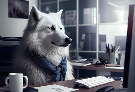 Portrait of an anthropomorphic polar wolf as a developer in the office.の素材