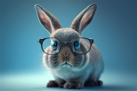 Funny rabbit with glasses on blue background. 3D rendering.の素材