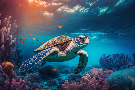 Sea turtle swimming in the under sea , Beautiful Underwater and colorfull coral in wild nature of the Pacific Ocean.の素材