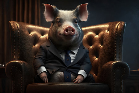 Pig wearing a classy suit sitting in the executive chair.の素材