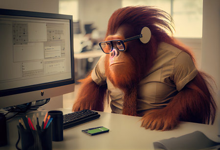 Portrait of an anthropomorphic orangutan as a developer in the office.の素材