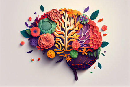 Hands Holding Paper Head, Human Brain With Flowers, Self Care And Mental Health Concept, Positive Thinking, Creative Mind, Used For Brain.の素材