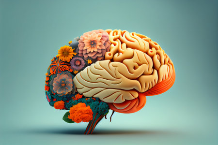 Hands Holding Paper Head, Human Brain With Flowers, Self Care And Mental Health Concept, Positive Thinking, Creative Mind, Used For Brain.の素材