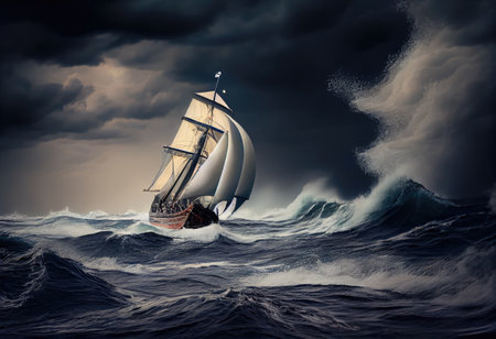 Sailboat against a background of sea and storm.の素材