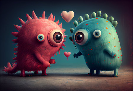 Cute love monster illustrations with hearts.の素材