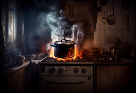 Stove ignited in the modern kitchen during cooking, smoke and soot around, fire at home.の素材