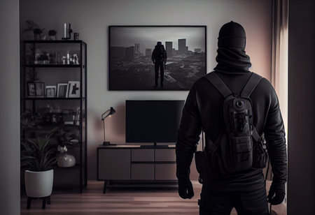 A burglar dressed in all black stands with his back to the camera in a modern apartment.の素材