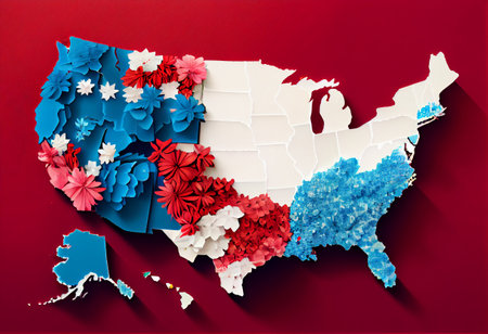 United States of America map with flowers on red background. vector illustration.の素材