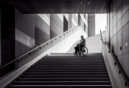 Man in a wheelchair with a staircase in the background, accessibility of public placesの素材