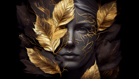 woman face with golden feathers on black background. 3d illustration.の素材
