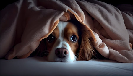 A very cute dog crawled under the covers and touchingly misses his ownerの素材