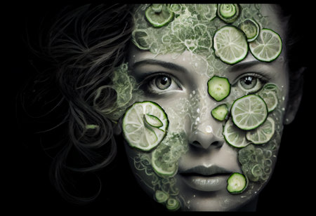 Woman face with cucumber slices on face.の素材