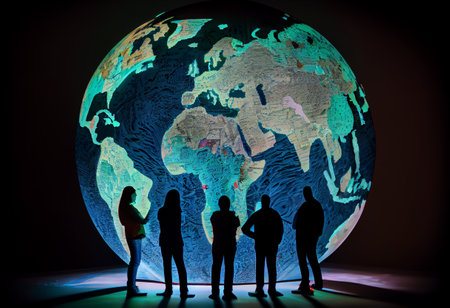 A group of people standing around a large globe with a map of the world on it global illumination a microscopic photo ecological art.の素材