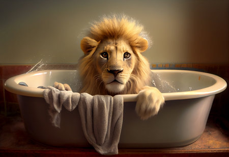 Cute lion in bathtub , pets cleaning.の素材