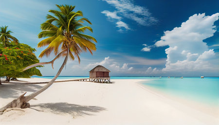 Coconut Palm tree on amazing perfect white sandy beach in island of Maldives. Water bungalows in ocean against blue sky with clouds.の素材
