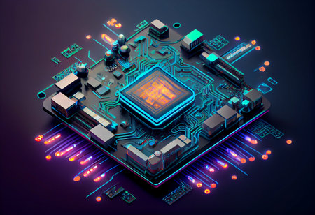 Futuristic blue neon microchip, data exchange and collection, smart new microchip concept. Quantum computer, large data concept. CPU isometric banner. Central Computer Processorsの素材