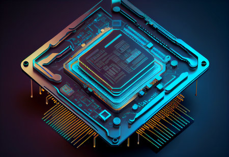 Futuristic blue neon microchip, data exchange and collection, smart new microchip concept. Quantum computer, large data concept. CPU isometric banner. Central Computer Processorsの素材