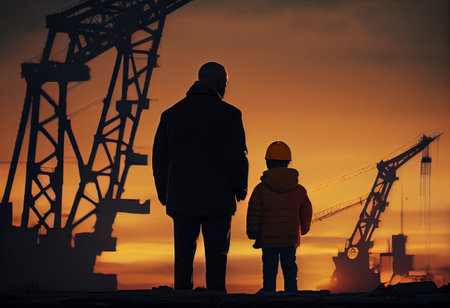 Boy and father against the background of construction cranes on the evening sunset, the concept of father and sonの素材