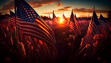 Field of American flags at Sunsetの素材