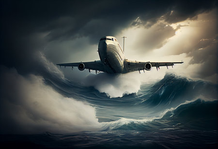 Passenger plane flies in a storm over the oceanの素材