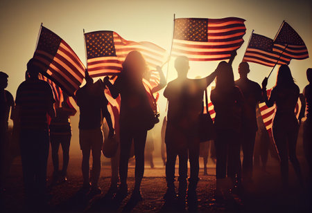 Group of People Waving American Flags in Back Litの素材