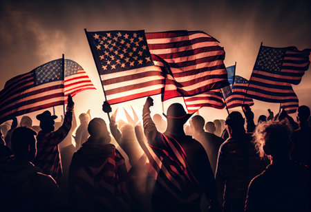 Group of People Waving American Flags in Back Litの素材