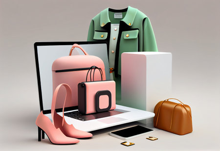 Online shopping concept. Realistic 3d illustration. Fashion on internet, Design element for web or banner design. Virtual clothing and fashion in metaverseの素材