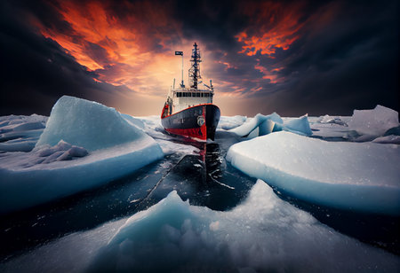 Icebreaker breaks ice hummocks and ice floes in the Arctic Ocean against dramatic skyの素材